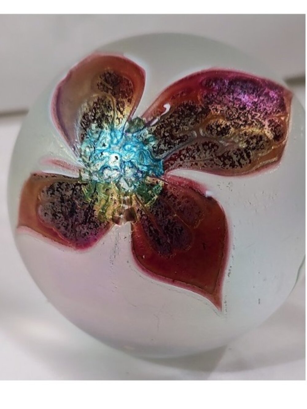 Glasshouse Paperweight Hand-Blown Art Glass Iridescent Flower Signed Mark Monson